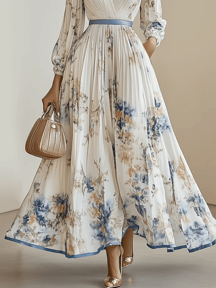 Monika | Rochie maxi albă din șifon cu imprimeu floral și mâneci tip balon