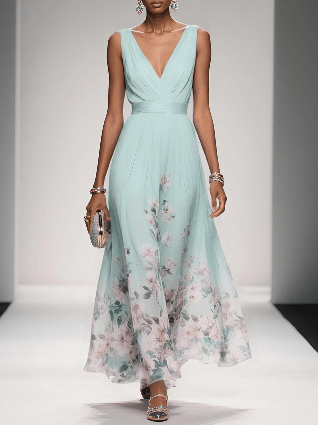 Roza | Rochie Maxi din Chiffon Albăstrie cu Decolteu în Formă de Sere