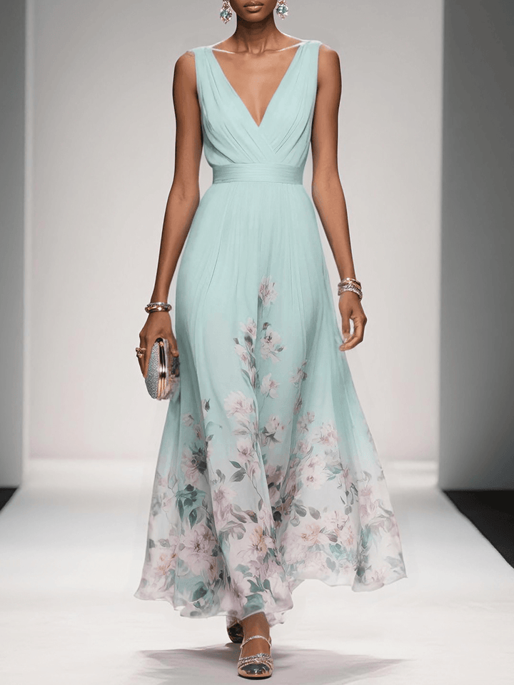 Roza | Rochie Maxi din Chiffon Albăstrie cu Decolteu în Formă de Sere
