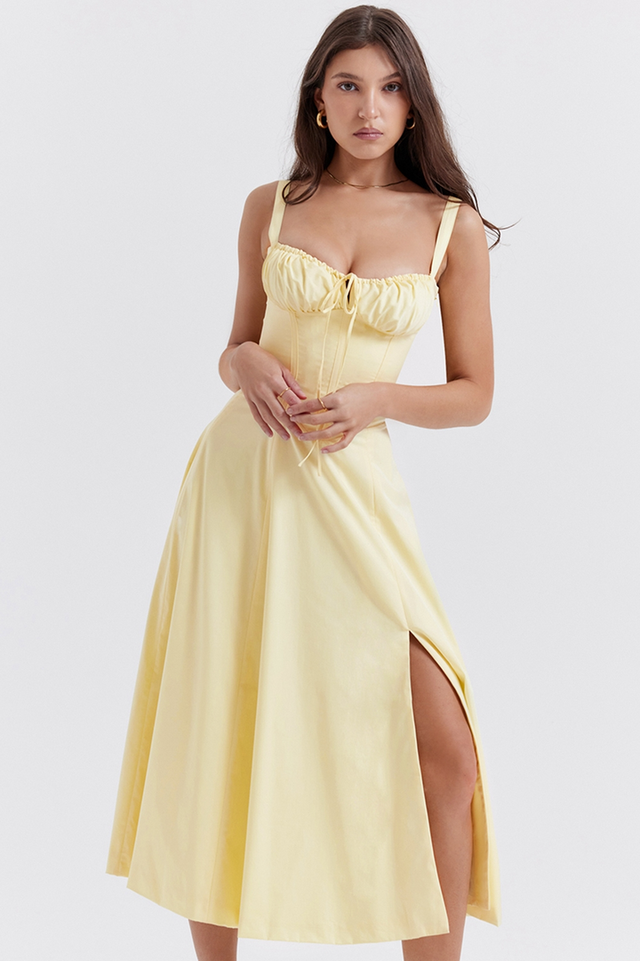 Vivienne – Rochie Midi de Damă cu Corset Romantic Bleumarin
