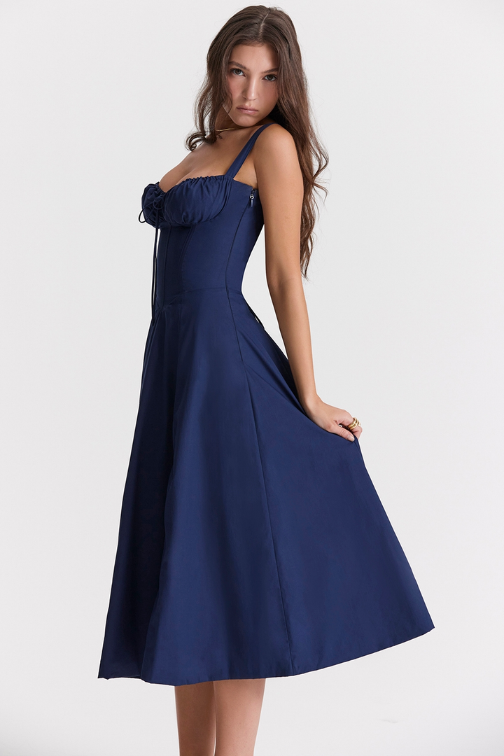 Vivienne – Rochie Midi de Damă cu Corset Romantic Bleumarin