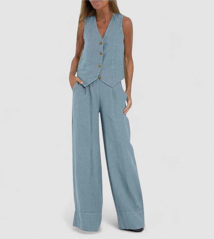 Jessica - Set Vestă cu Nasturi și Pantaloni Largi