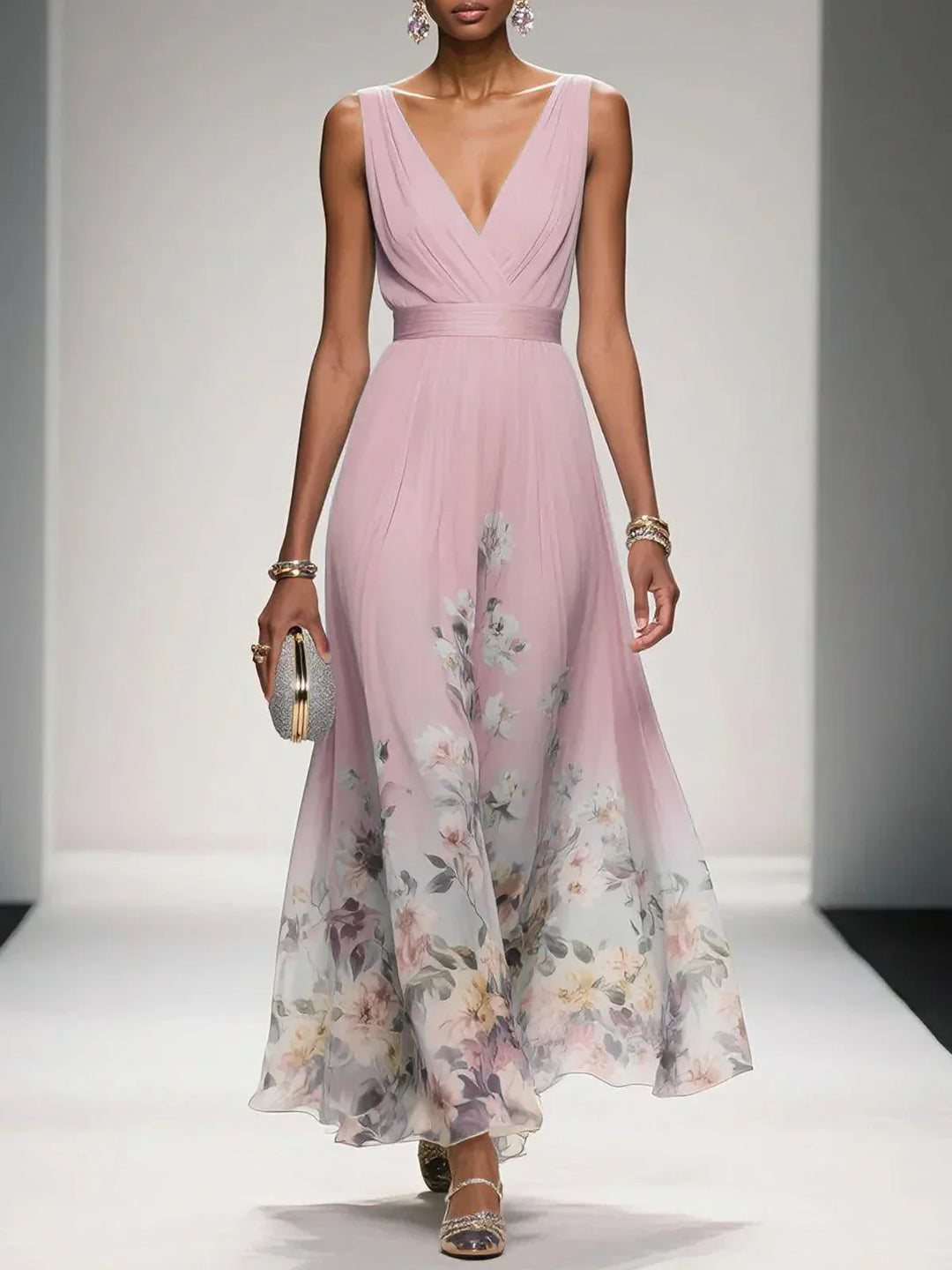 Roza | Rochie Maxi din Chiffon Albăstrie cu Decolteu în Formă de Sere