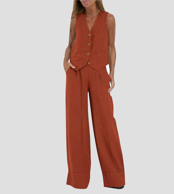 Jessica - Set Vestă cu Nasturi și Pantaloni Largi