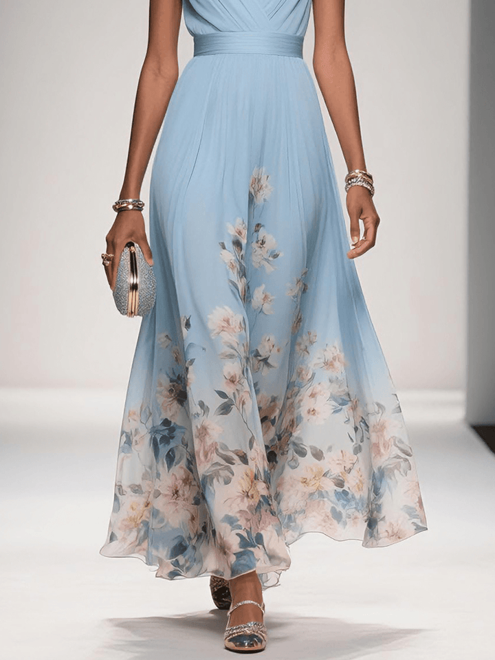 Roza | Rochie Maxi din Chiffon Albăstrie cu Decolteu în Formă de Sere
