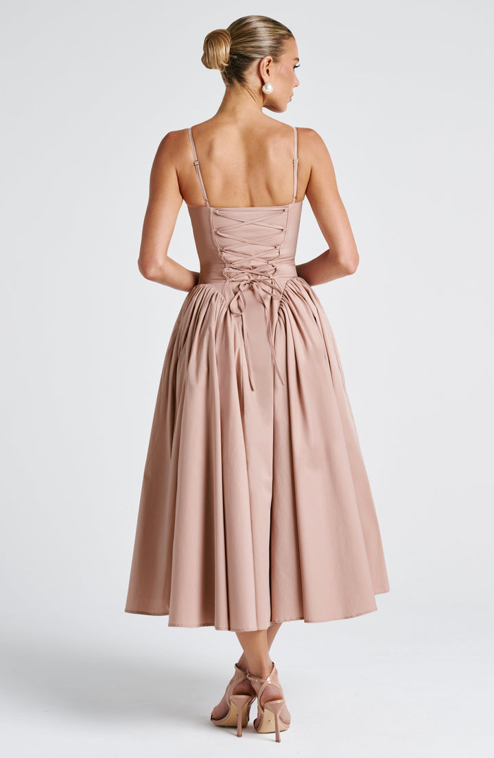 Luminara – Rochie Midi de Damă Elegantă cu Top Ajustat și Fustă Voluminoasă