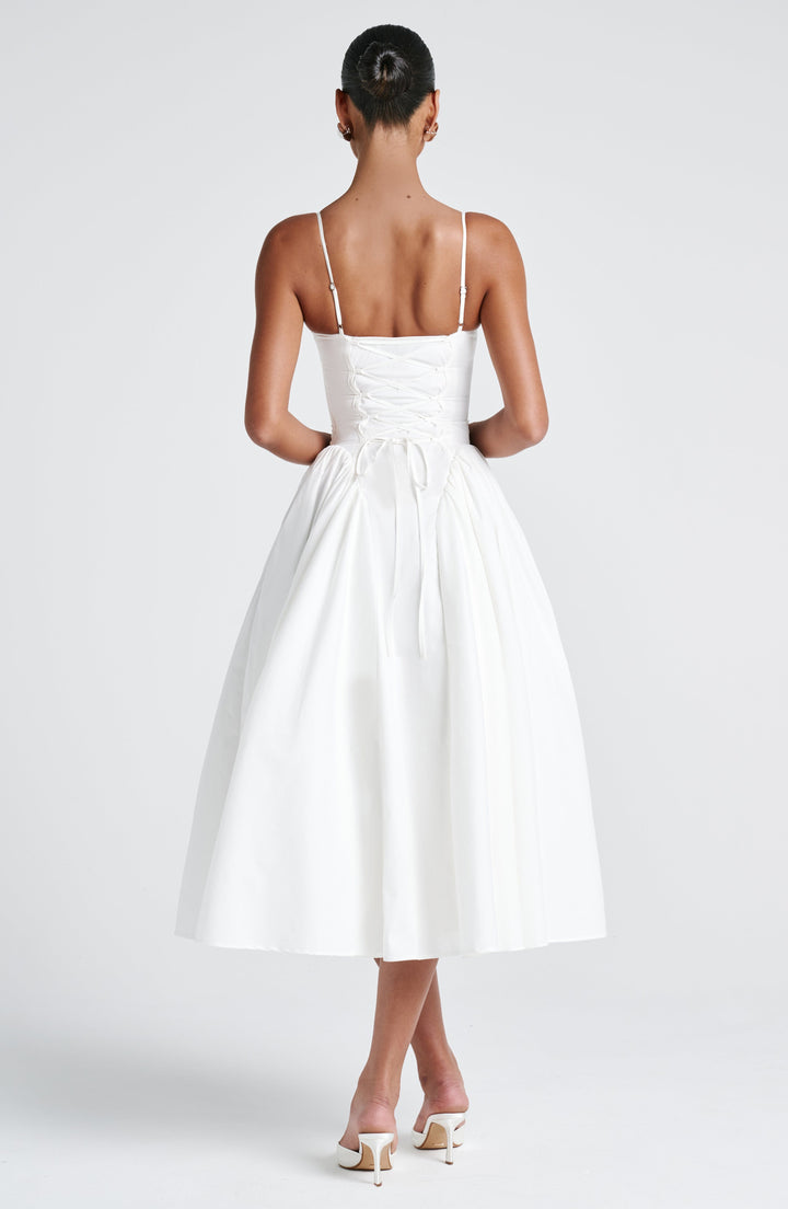 Luminara – Rochie Midi de Damă Elegantă cu Top Ajustat și Fustă Voluminoasă
