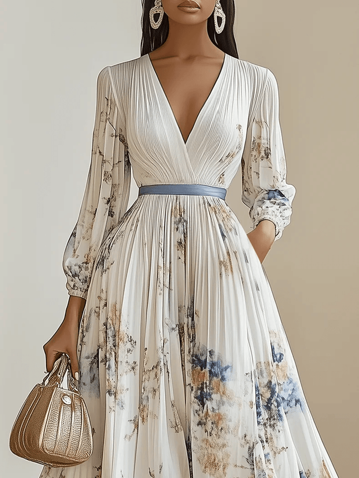 Monika | Rochie maxi albă din șifon cu imprimeu floral și mâneci tip balon