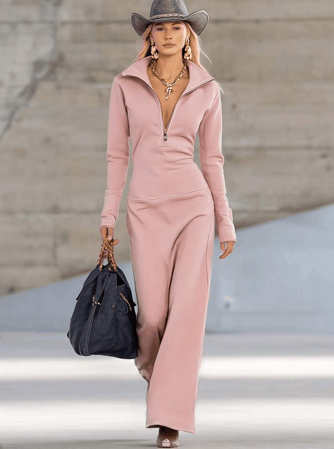Valeria – Rochie maxi sport retro elegantă cu decolteu în V și fermoar