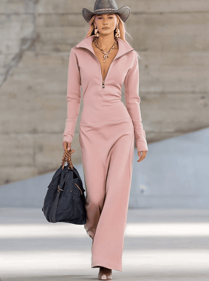 Valeria – Rochie maxi sport retro elegantă cu decolteu în V și fermoar