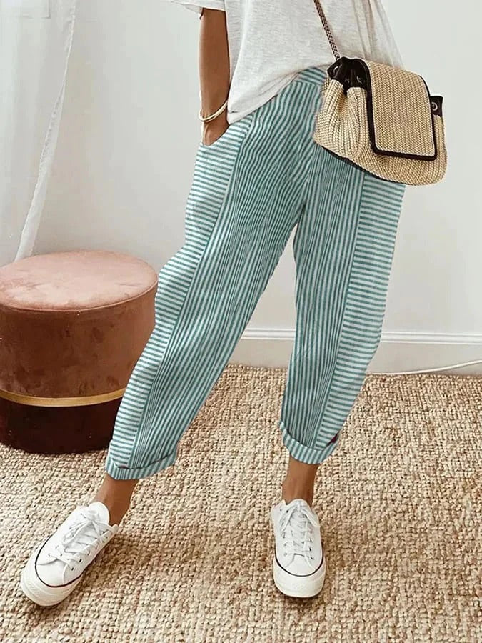 Celia | Pantaloni din Bumbac Rayat Clasic