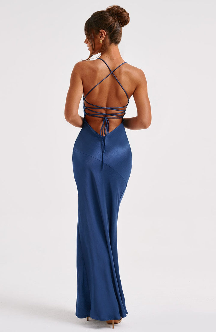 Meliva – Rochie Maxi de Damă cu Decolteu Înalt Satinată