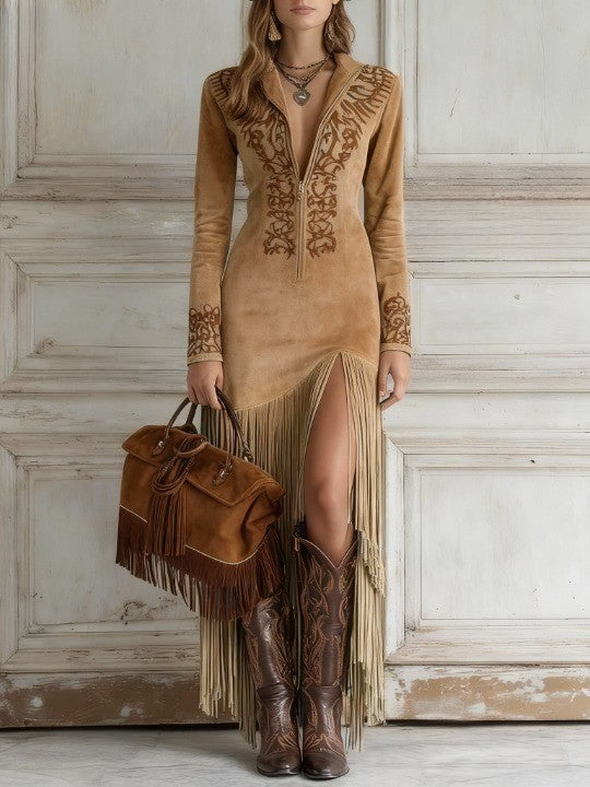 Valentina | Rochie lungă stil western cu jumătate de fermoar, broderie și franjuri