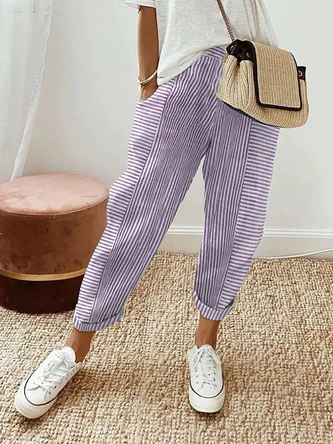 Celia | Pantaloni din Bumbac Rayat Clasic