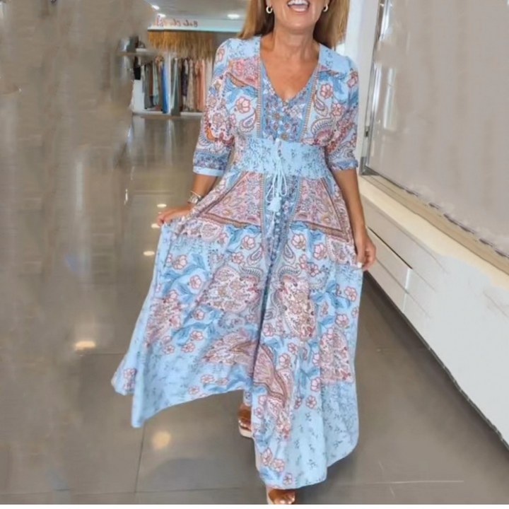 Camelia - Desene elegante cu flori pe rochie lungă pentru femei