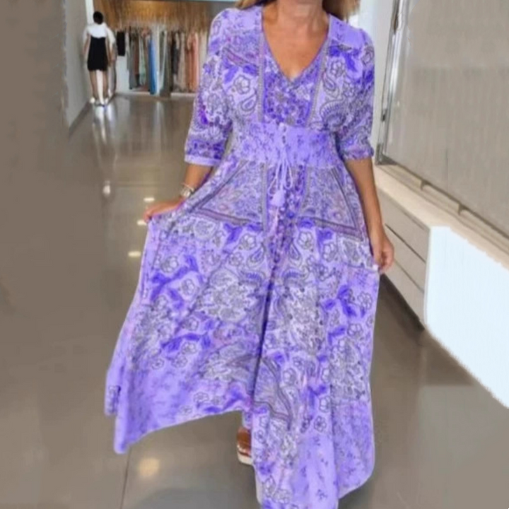 Camelia - Desene elegante cu flori pe rochie lungă pentru femei