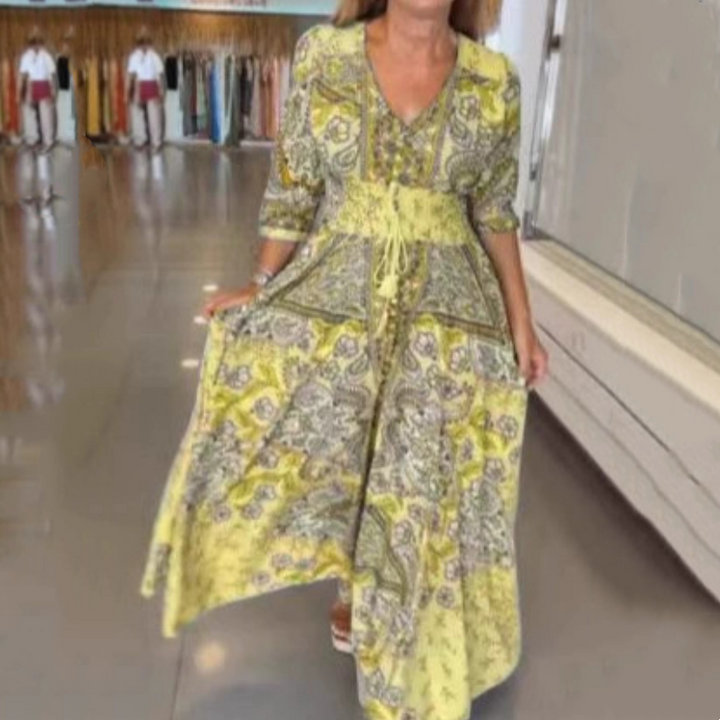 Camelia - Desene elegante cu flori pe rochie lungă pentru femei